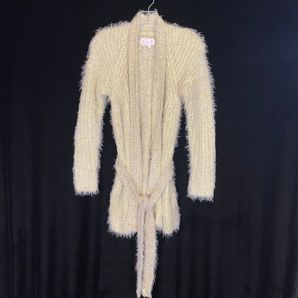 Anthropologie Larkin Shimmer Belted Cardigan Yellow Metallic Eyelash Knit XS - Picture 2 of 6